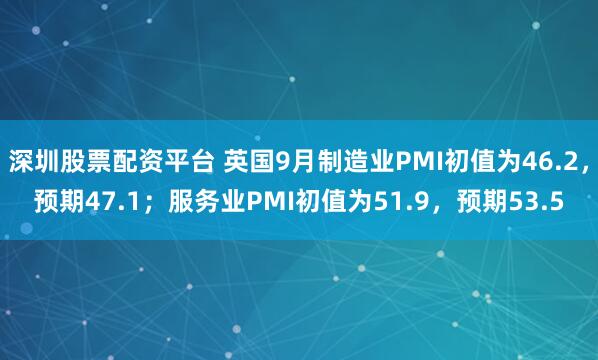 深圳股票配资平台 英国9月制造业PMI初值为46.2，预期47.1；服务业PMI初值为51.9，预期53.5